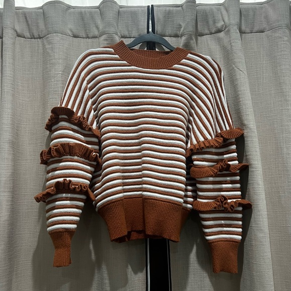 English Factory rust white striped ruffle sweater medium - Picture 2 of 2